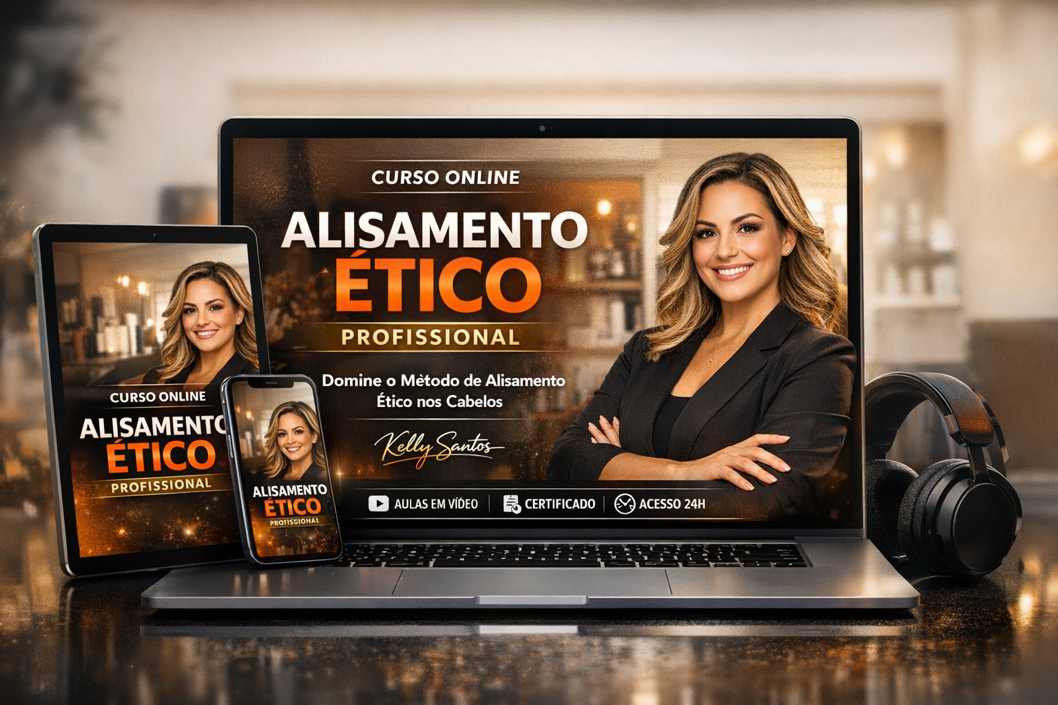 Mockup do curso Alisamento Ético em notebook e dispositivos móveis